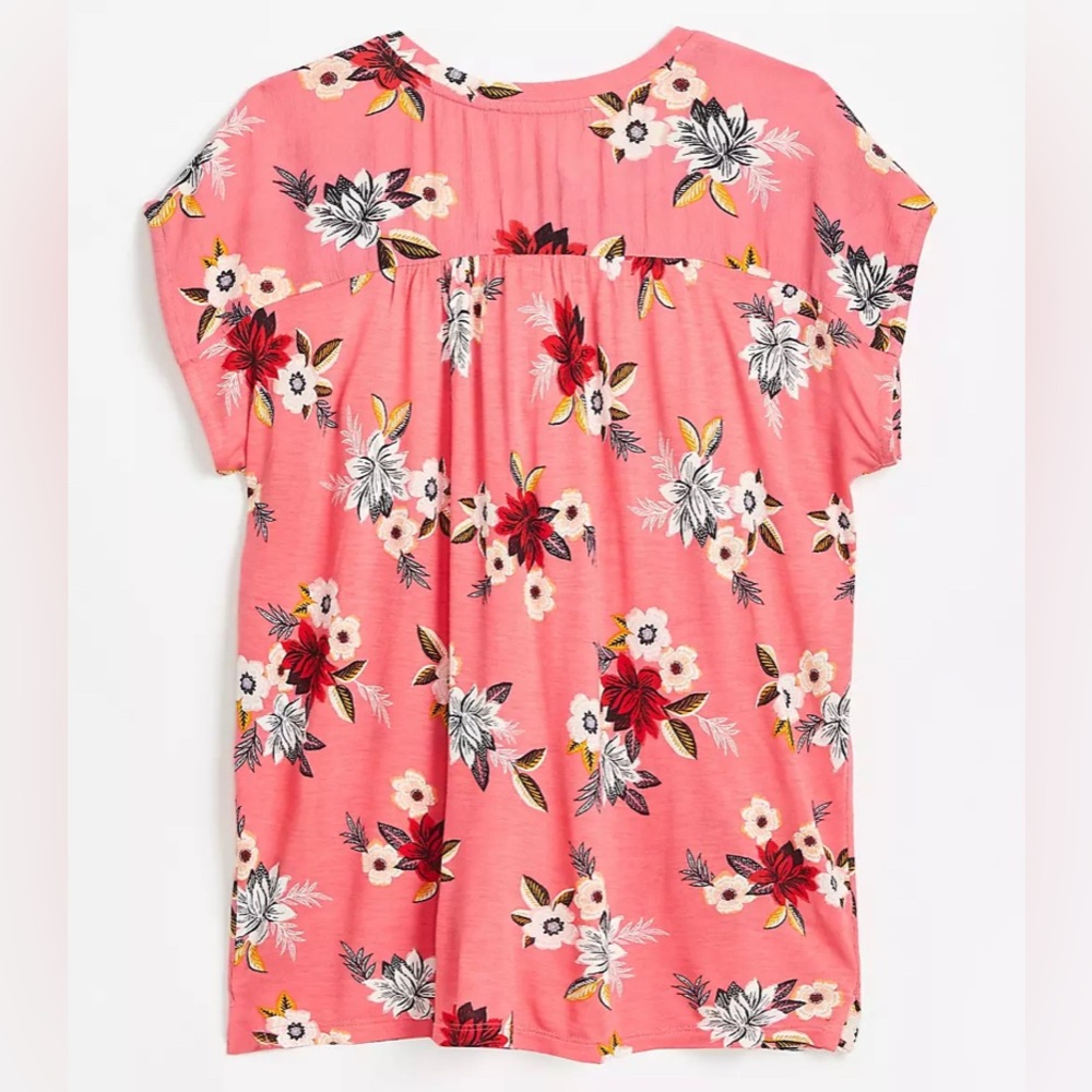 Loft Tropical Pink Floral Zinnia Split Neck top Mixed Media Medium